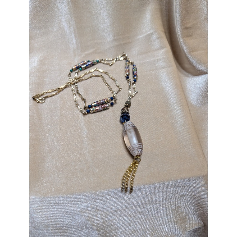 Vintage‎ Cloisonne Floral Bead Tassel Pendant Necklace Gold Tone Blue Green